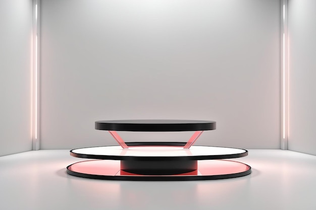 Black Pedestal of platform display with neon modern stand podium on white room background Blank Exhibition stage backdrop or empty product shelf 3D rendering