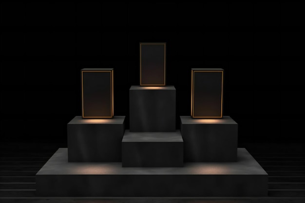 Black pedestal podium with blank black labels Mock up