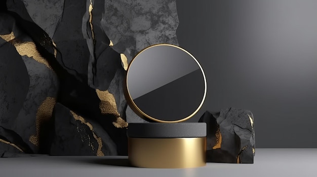 A black pedestal with gold accents showcasing beauty cosmetic products on a stone podium display AI Generation