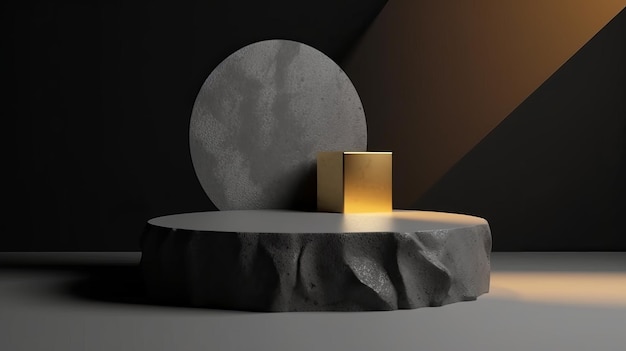 A black pedestal with gold accents showcasing beauty cosmetic products on a stone podium display AI Generation