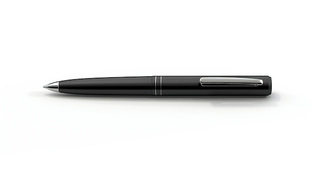 A black pen with a silver cap sits on a white table.