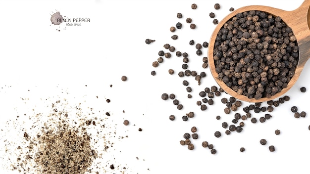 Black pepper seeds in wooden bowl on white surface