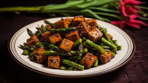 Black Pepper Tofu with Asparagus Crispy tofu cubes tossed in fragrant black pepper with asparagus