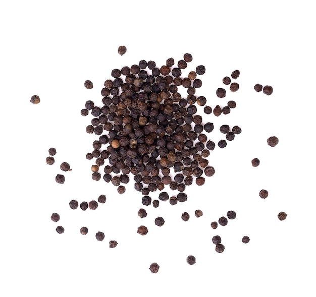 Black peppercorns isolated on white background