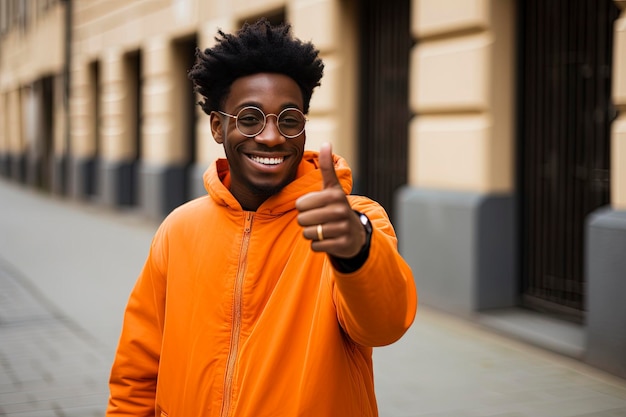 black person wearing modern clothes hands pointing to the left looks very happy background is one