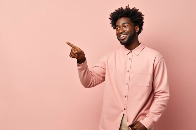 black person wearing modern clothes hands pointing to the left looks very happy background is one