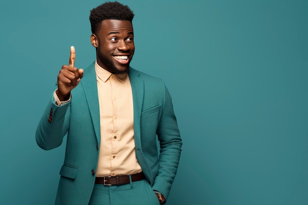 black person wearing modern clothes hands pointing to the left looks very happy background is one