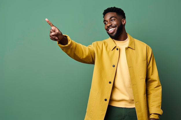 black person wearing modern clothes hands pointing to the left looks very happy background is one