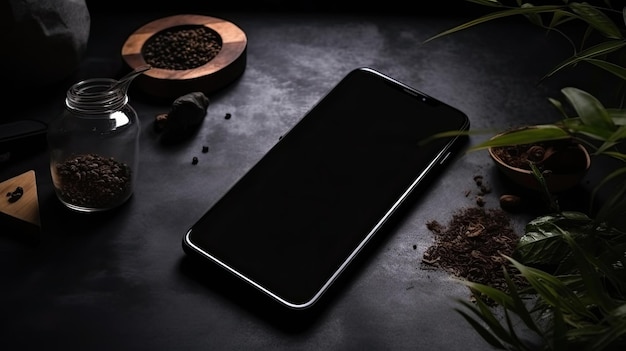 A black phone sits on a table next to a plant and a pot of coffee.