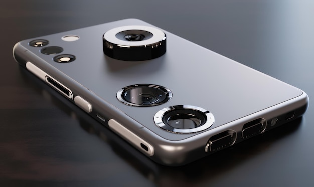 A black phone with a camera lens on the back