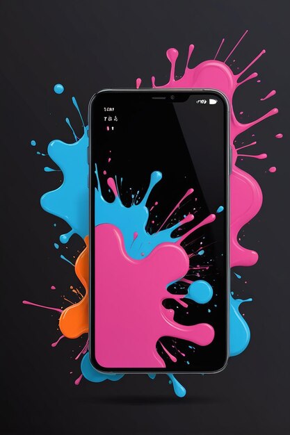 Photo a black phone with a pink and blue background with a pink and orange splash of paint