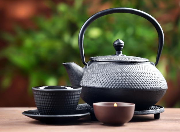 Black pialats and teapot on blurred background