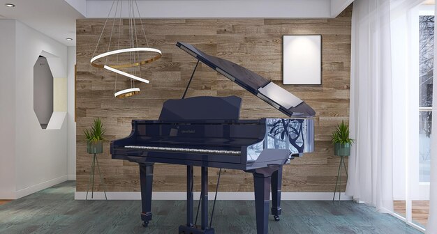 Black Piano in Modern Living Room Interior Design with Blank Poster Frame Mockup Wood Background