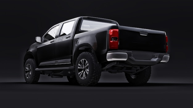 Black pickup car on a black background. 3d rendering.