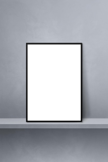 Black picture frame leaning on a grey shelf. 3d illustration. Blank mockup template. Vertical background