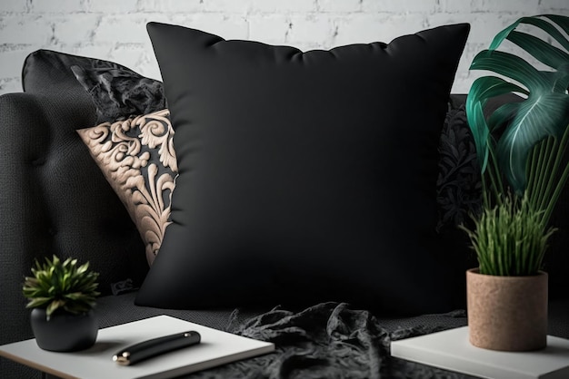 A black pillow with a green plant on it sits on a bed next to a lamp.