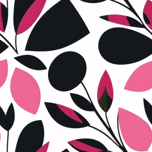 A black and pink floral pattern with leaves and flowers.