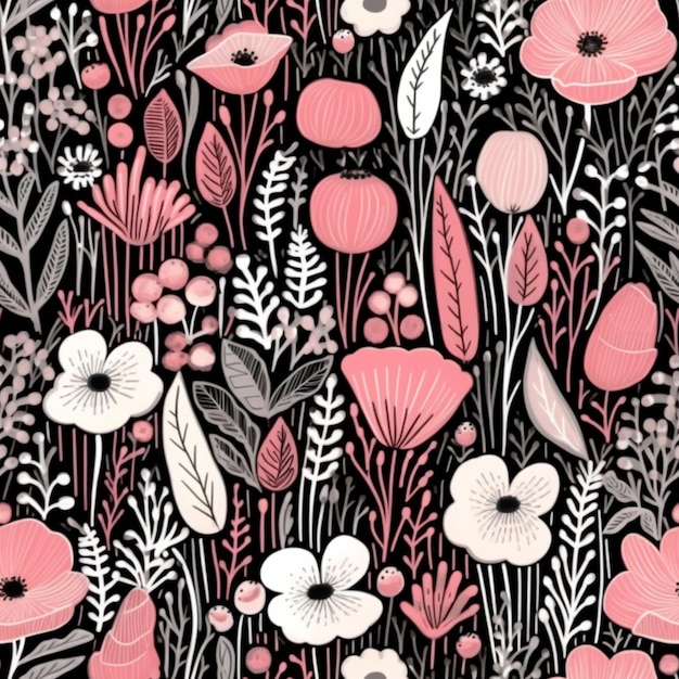 A black and pink floral pattern with white and pink flowers generative ai