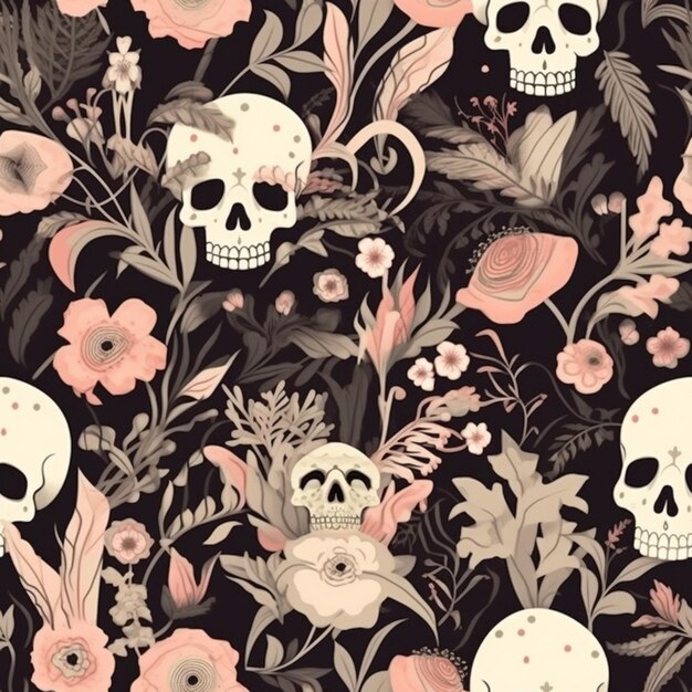 A black and pink floral skull pattern with flowers and leaves generative ai