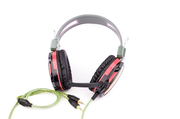 Black and pink headphone on white background