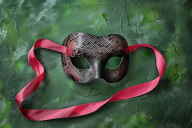 Photo a black and pink masquerade mask with a red ribbon on a green textured background