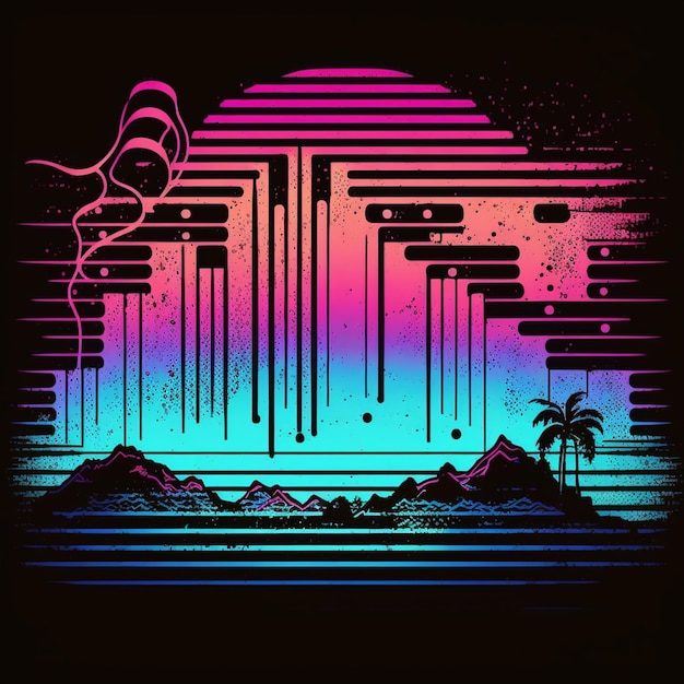 A black and pink sunset with a palm tree and mountains generative ai