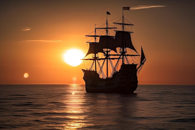 Black pirate ship sails into the sunrise with the sun peeking over the horizon