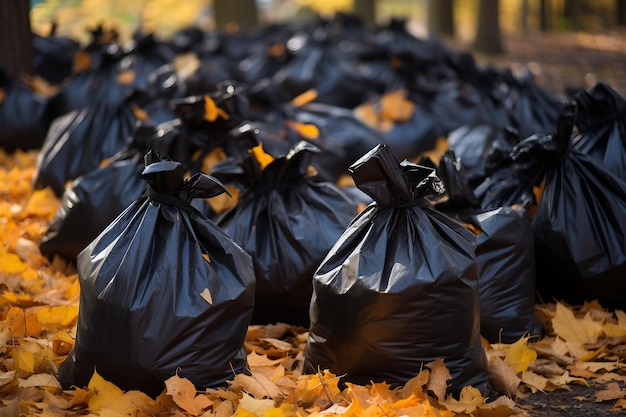 Black Plastic Bags Filled with Fallen Leaves