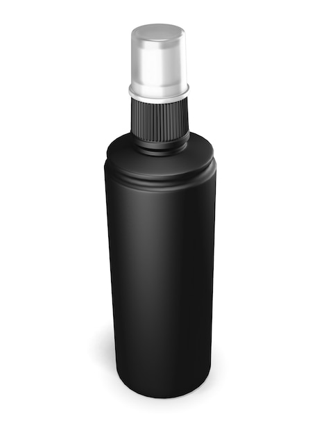 Black plastic bottle with spray on white. 3d render illustration.