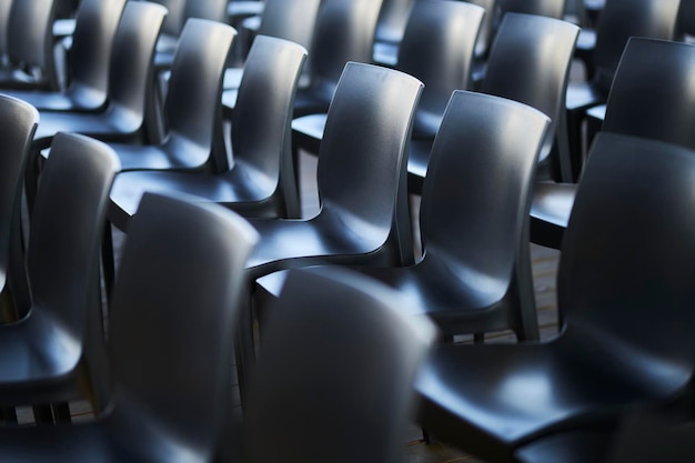 Black plastic chairs stand in rows Black chairs with backs