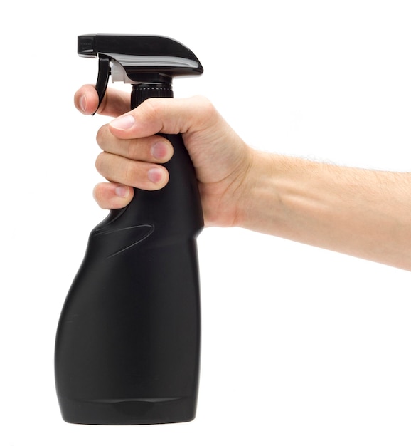 Black plastic spray in hand on a white background