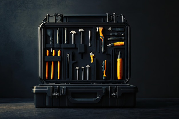 Photo black plastic tool box with construction instruments