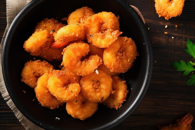 a black plate Batter fried crispy shrimp appetizer selective focus on wooden background