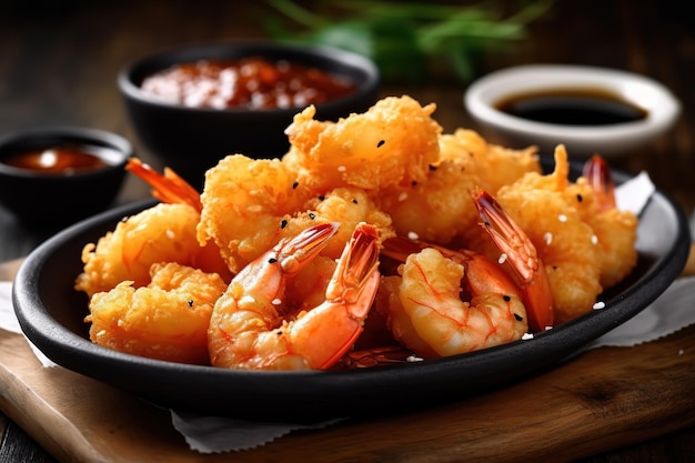 a black plate Batter fried crispy shrimp appetizer selective focus on wooden background