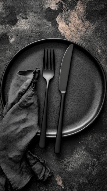 Photo black plate cutlery and napkin on stone table top view