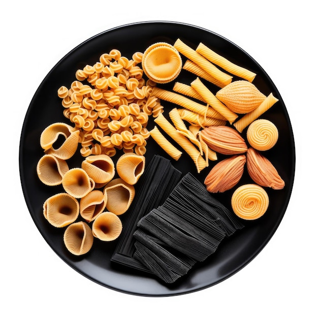 A black plate filled with pasta and other food ingredients