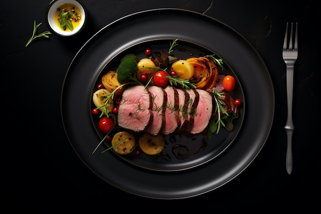 A black plate topped with meat and vegetables suitable for food related projects