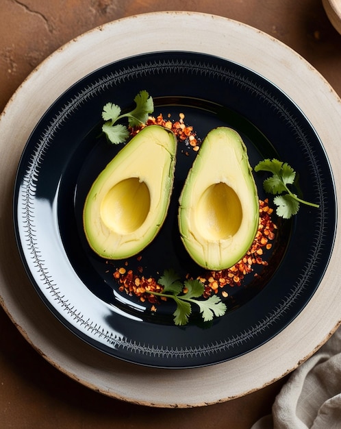 Photo a black plate with avocado on it and avocados on it