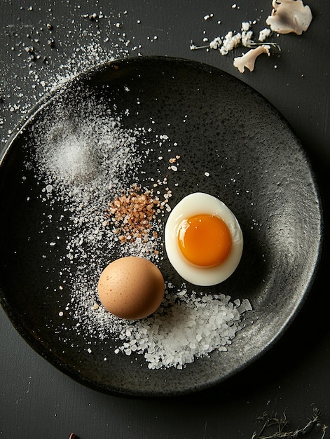 a black plate with an egg and salt on it