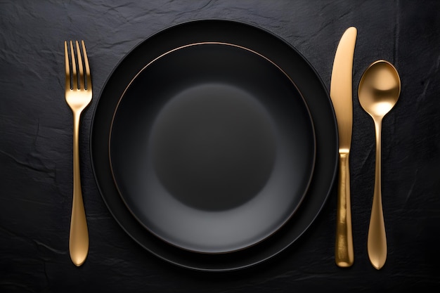 A black plate with gold cutlery and a fork on a black table