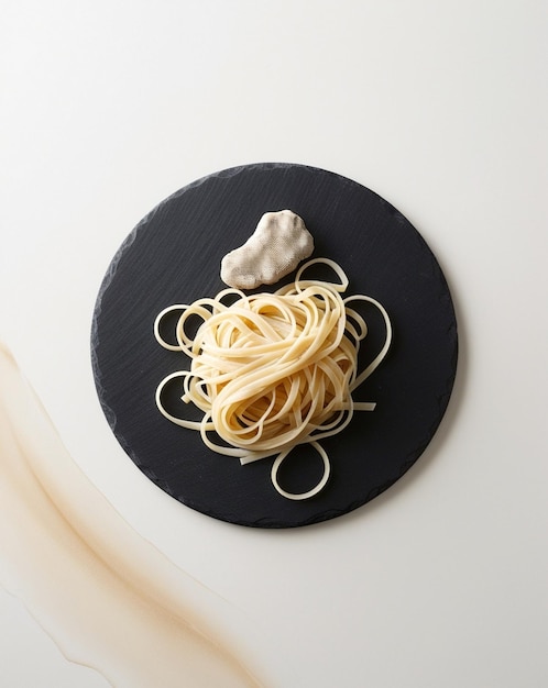 a black plate with pasta and a piece of pasta on it