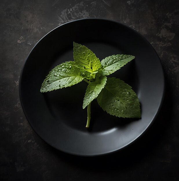 Photo a black plate with a sprig of mint on it