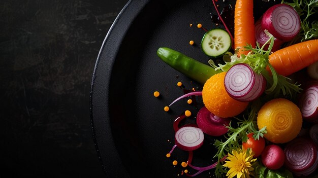 Photo a black plate with vegetables and a black bowl with a green pepper on it