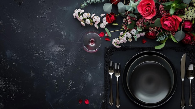 Black plate with white napkin and small bouquet of white flowers