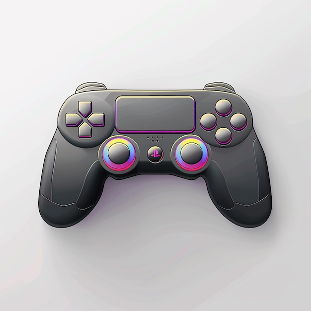 a black playstation controller with a pink and blue buttons