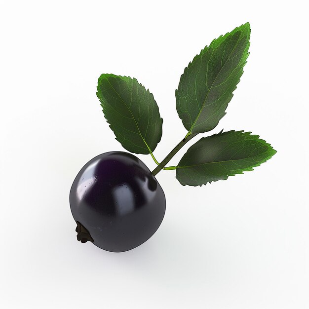 a black plum with a leaf on the stem and a leaf that says  t