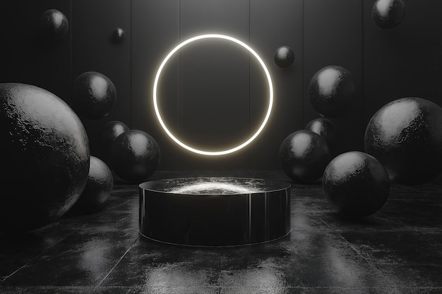 Black podium floating with spheres and illuminated ring