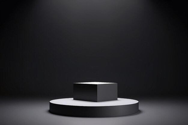 Black podium or pedestal display on dark background with cube platform Blank product shelf standing backdrop 3D rendering