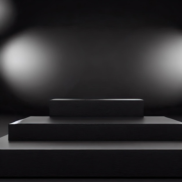 Black podium or pedestal display on dark background with long platform Blank product Generative AI