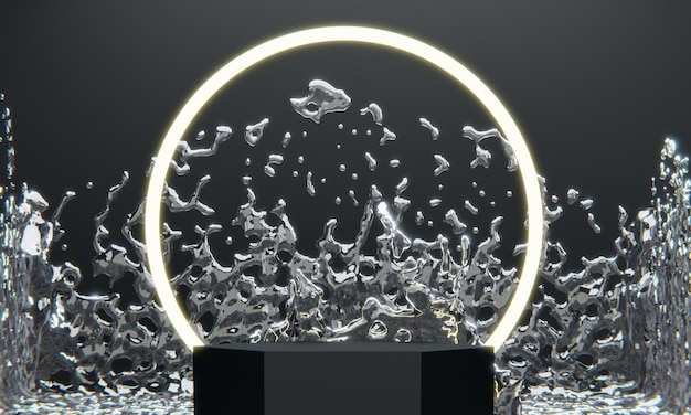 Black podium and water splashing on white background3D rendering